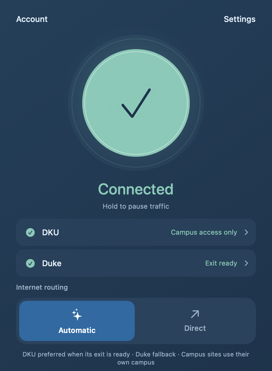 English Campus Connect Mac interface showing separate DKU and Duke connection states and Automatic routing